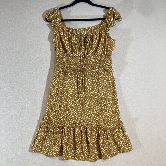 Yellow Milkmaid Dress Sz Large Floral Mini Zip Smocked Waist Babydoll Romantic - Picture 1 of 9